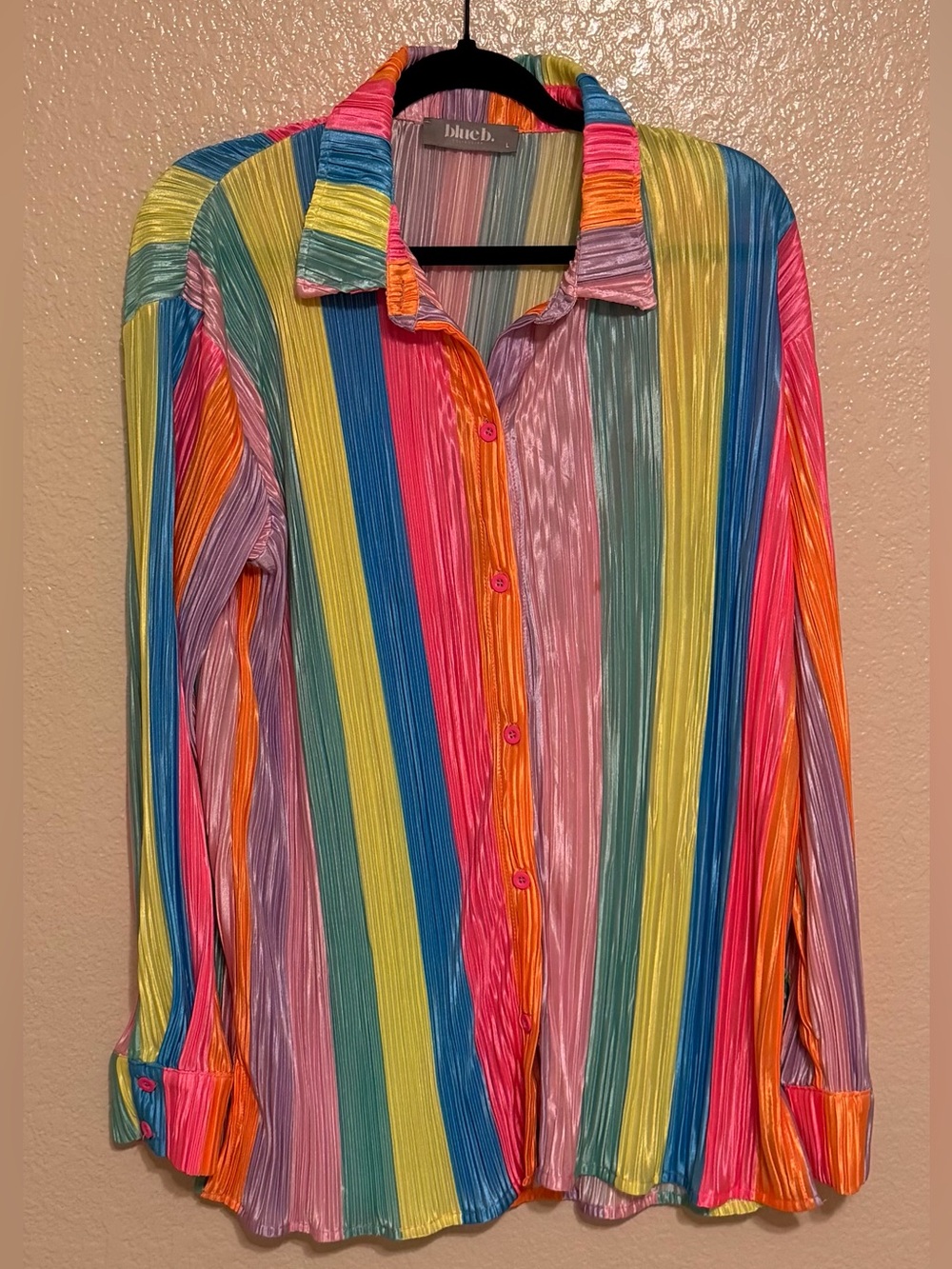 Blue B Multicolor Vertical Stripe Pleated Button-Up Shirt Women’s